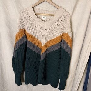 BKE Women's Chevron V-Neck Sweater - Cream, Mustard, Gray, Dark Green